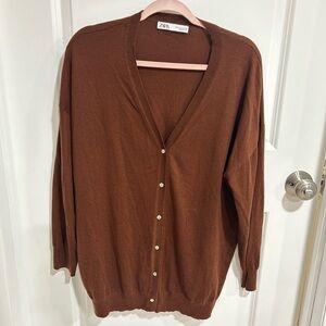 Zara Chestnut Brown Button-Front V-Neck Cardigan